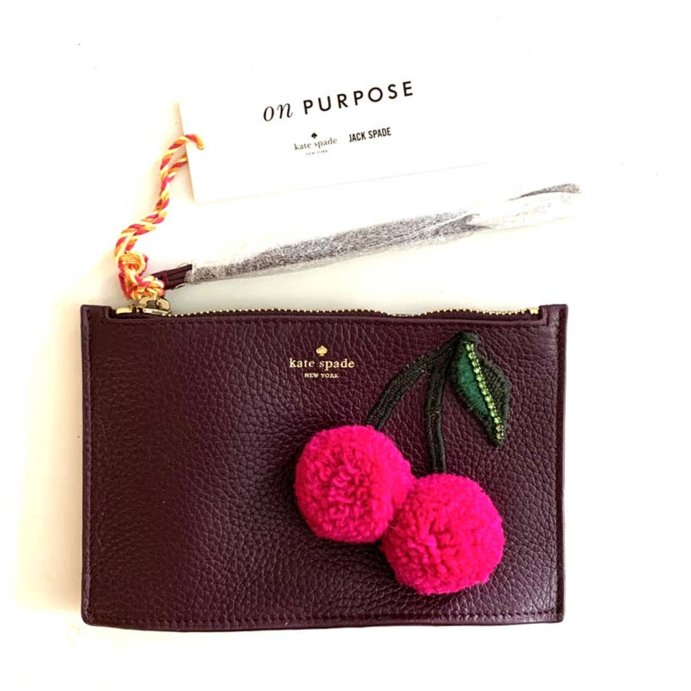 NWT Kate Spade On Purpose Cherry Cherries Leather Wristlet in Deep Plum